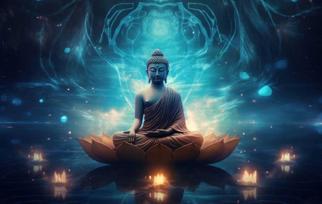 Buddha meditation around blue light